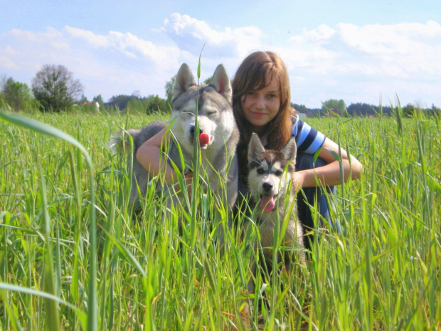 Ja z Draciem i Schnappim :) z nimi tez wszedzie razem :) moje dwie mordy... moj wielki kennel i watacha., moj poczatek wielkiego zaprzegu :) kocham