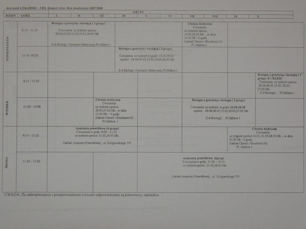 Plan zajęć - I rok WWL, 2007/2008, semestr II letni