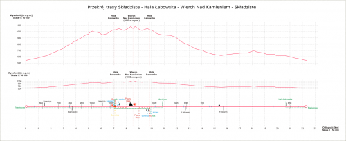 Przekrój trasy Składziste - Hala Łabowska - Wierch nad Kamieniem - Składziste #rower #góry #przekrój #BeskidSądecki #ŁabowskaHala #szlak