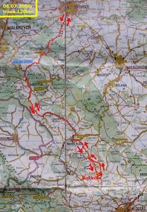 Mapa trasy ze świdnicy do Bożkowa. Długość łączna trasy 120km