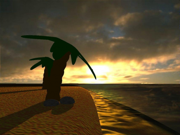 Render 3D z zachodem słońca na plaży. Nawet się udał. Zrobiony w programie Anim8or.